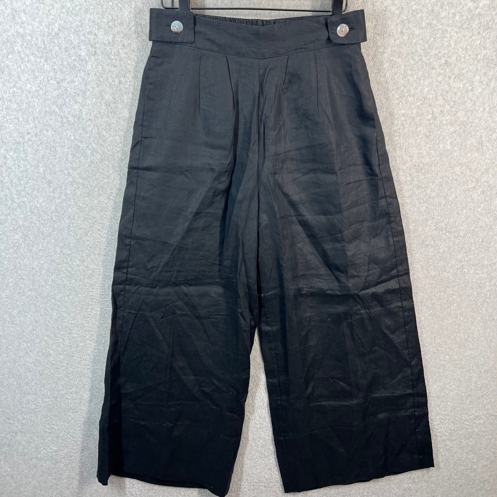 Free The Label Black Linen Wide‎ Leg Monaco Cropped Pants High Waist Womens M